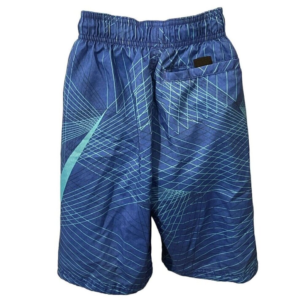Nike Boys Swoosh Geometric Swim Shorts Size S Blue Logo Drawstring Elastic Waist